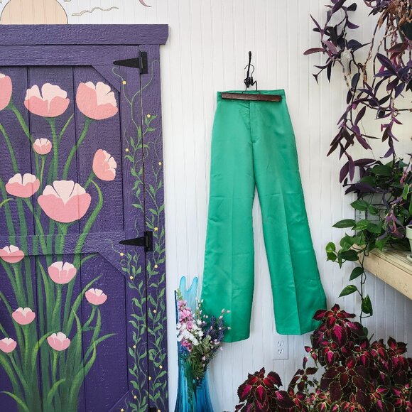 Vintage 1970's Minty Shamrock Green Wide Leg Pants by Whats-in-a-name - Picture 1 of 16